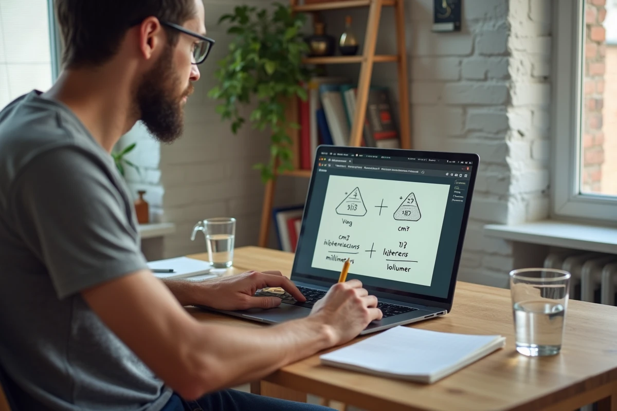 Homme assis à un bureau en bois avec un ordinateur portable affichant une page de conversion cm3 en litres, prenant des notes manuscrites et utilisant une tasse à mesurer comme référence visuelle