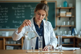 Professeure en blouse blanche versant de l'eau entre des cylindres gradués et béchers étiquetés en millilitres, centilitres et litres dans un laboratoire scolaire