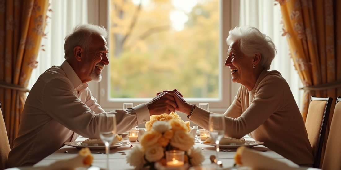 Couple d'anciens souriants lors d'un repas d'anniversaire