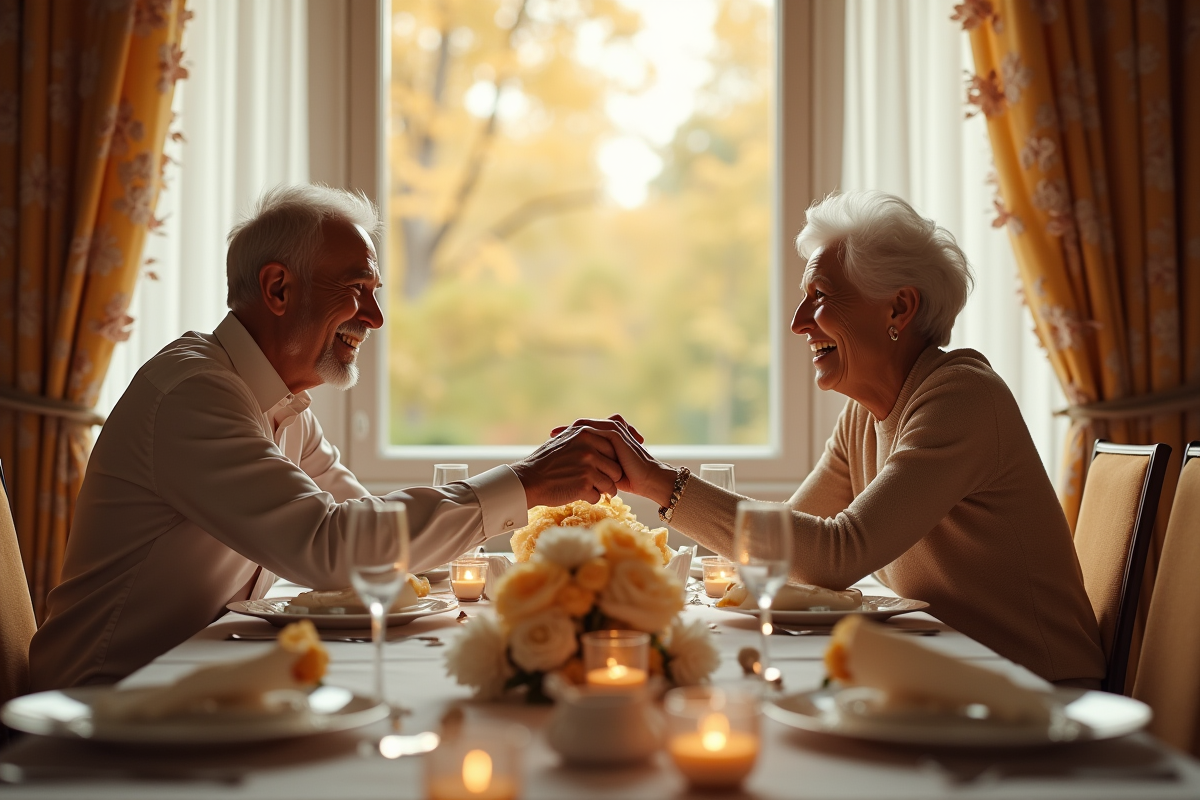 Couple d'anciens souriants lors d'un repas d'anniversaire
