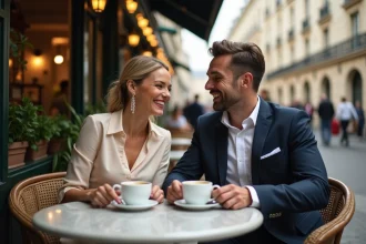 Couple élégant partageant un moment complice en terrasse de café parisien, évoquant une belle histoire d'amour
