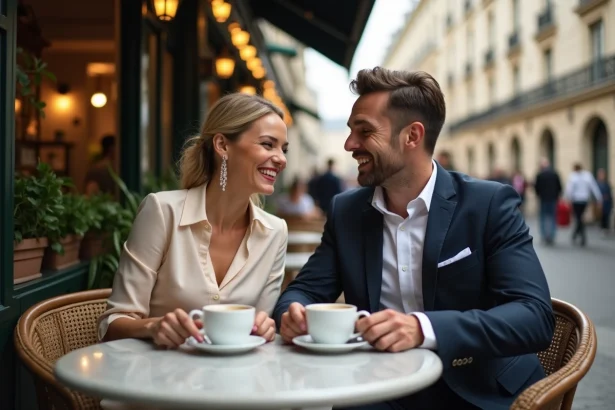 Couple élégant partageant un moment complice en terrasse de café parisien, évoquant une belle histoire d'amour