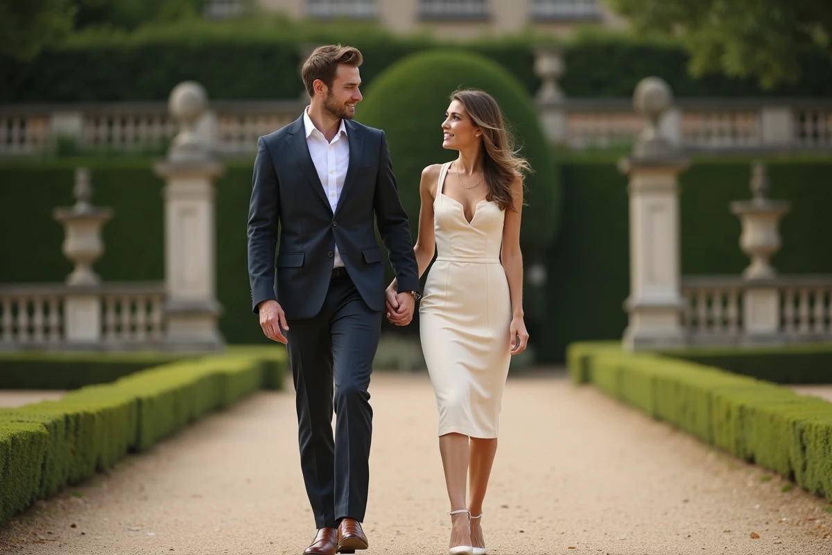 Couple élégant se promenant dans les allées d'un jardin à la française devant un château, ambiance politique et aristocratique