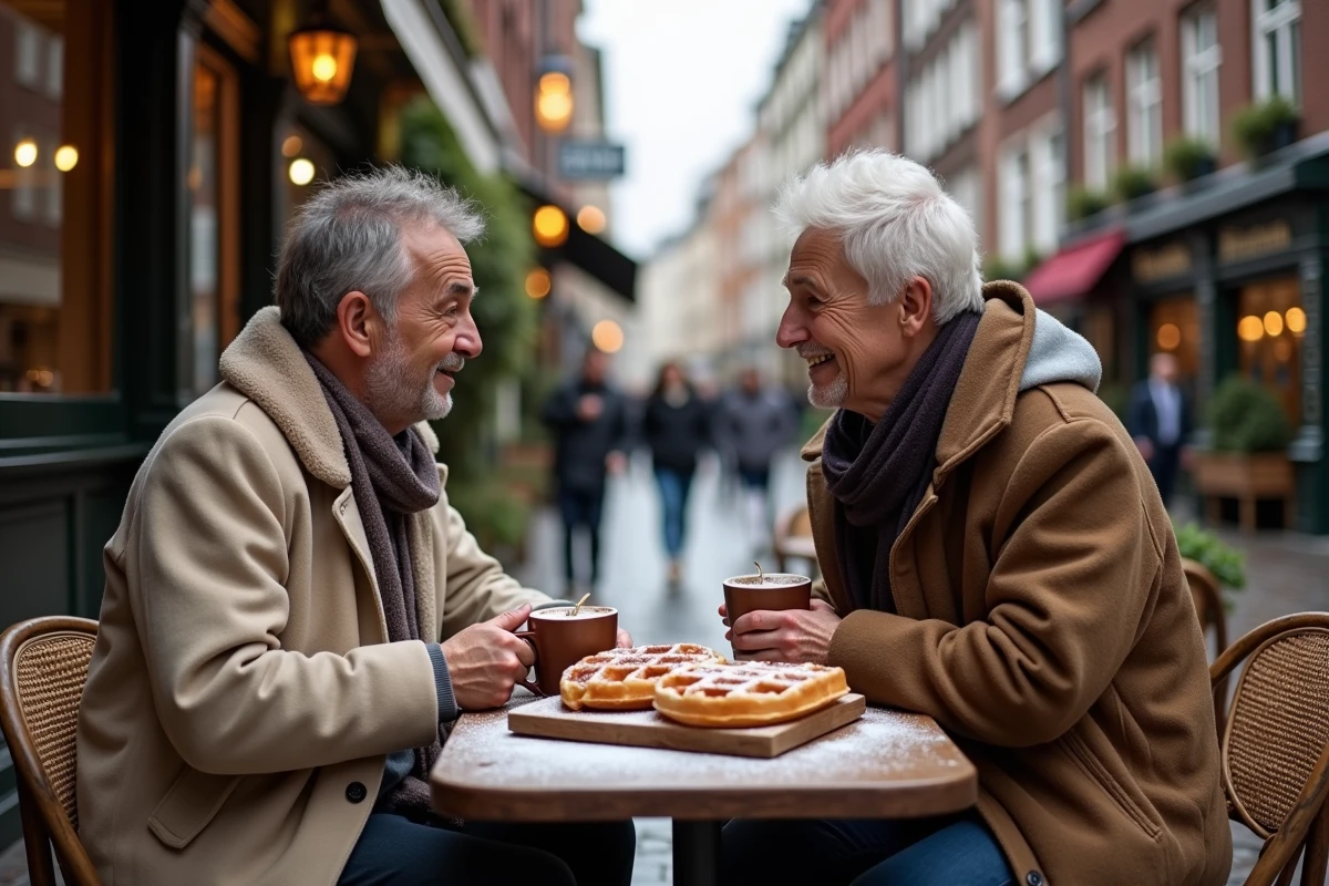 Couple savourant des gaufres belges et un chocolat chaud en terrasse dans une brasserie bruxelloise