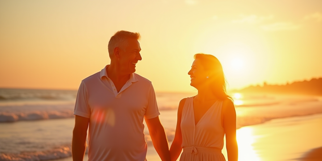 Couple mature main dans la main sur la plage au coucher du soleil