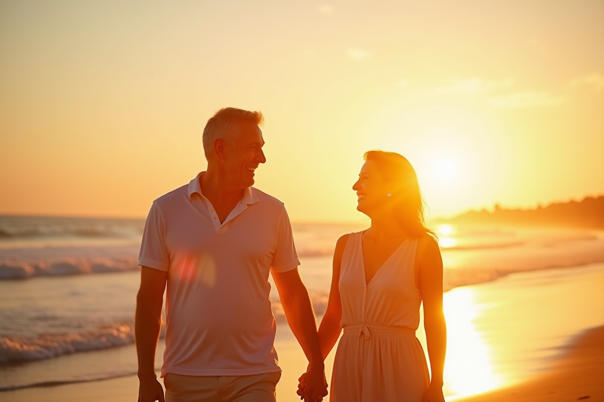 Couple mature main dans la main sur la plage au coucher du soleil