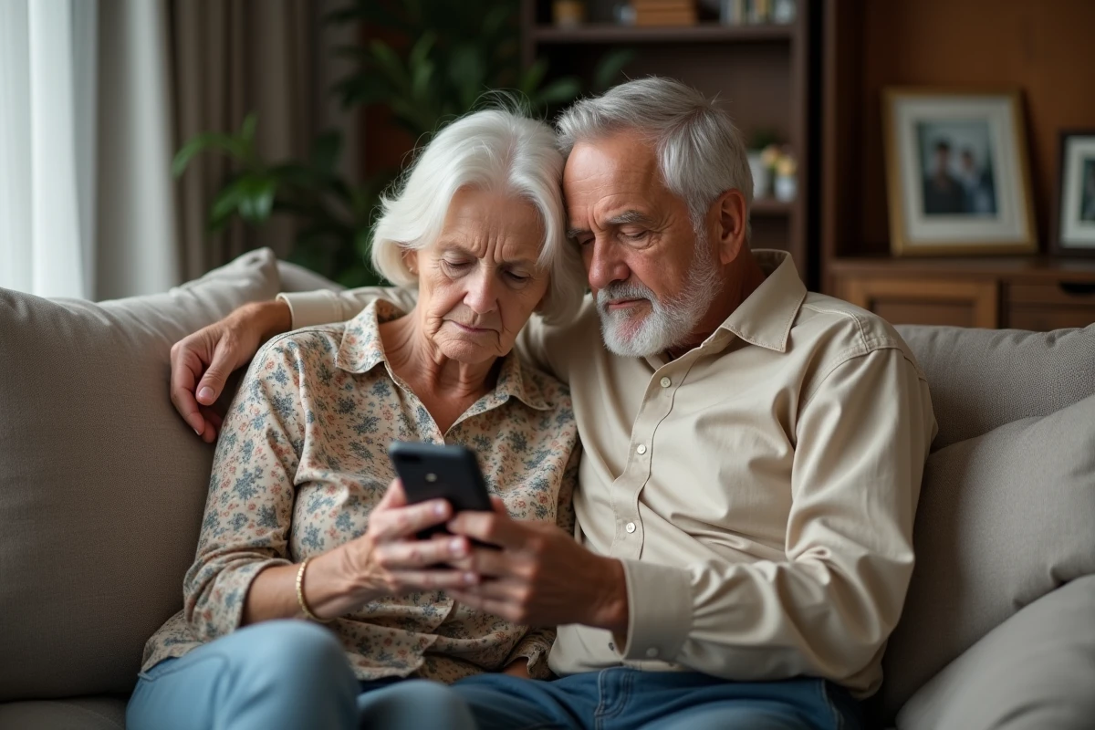 Couple de seniors consultant un avis de décès numérique sur smartphone dans leur salon