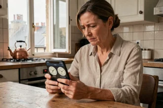 Femme consultant son téléphone affichant le décalage horaire entre Paris et Cayenne en Guyane française