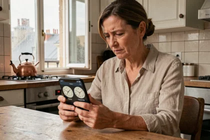 Femme consultant son téléphone affichant le décalage horaire entre Paris et Cayenne en Guyane française