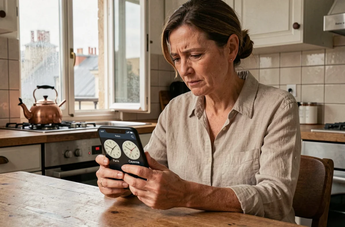 Femme consultant son téléphone affichant le décalage horaire entre Paris et Cayenne en Guyane française