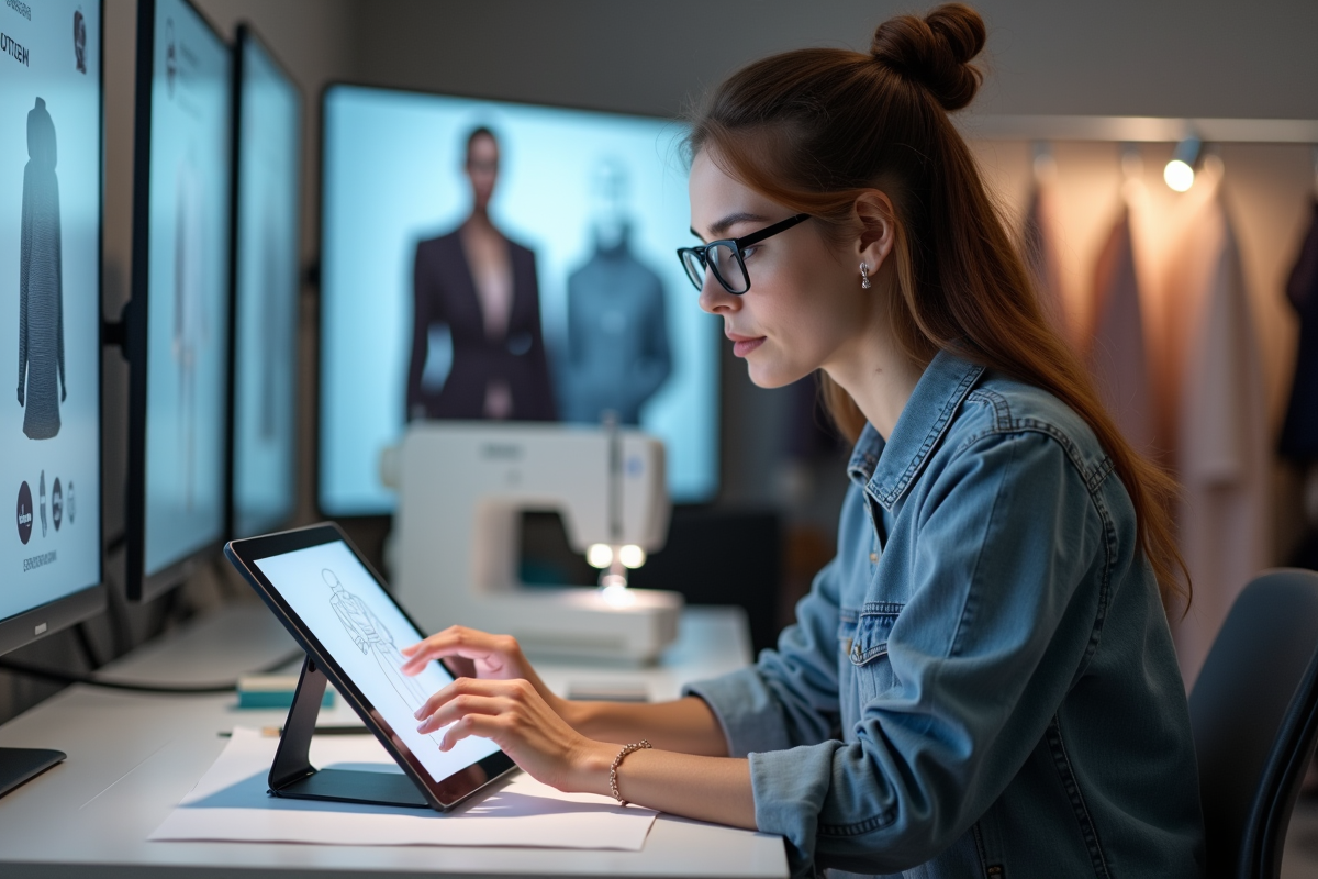 Jeune styliste femme ajustant un patron digital sur tablette