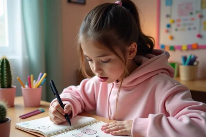 Adolescente dessinant des personnages kawaii en pixel art sur un cahier à petits carreaux avec des stylos colorés