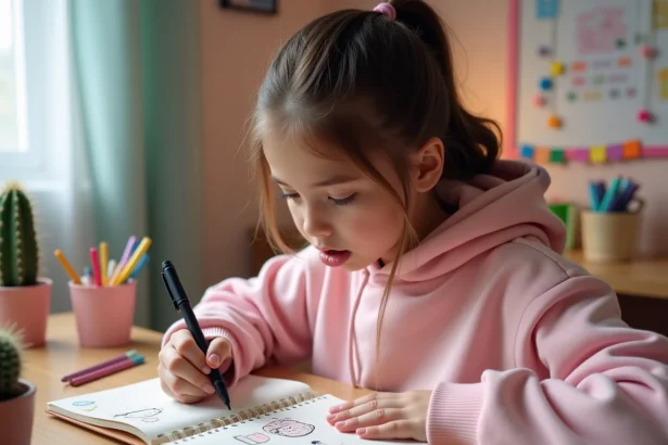 Adolescente dessinant des personnages kawaii en pixel art sur un cahier à petits carreaux avec des stylos colorés