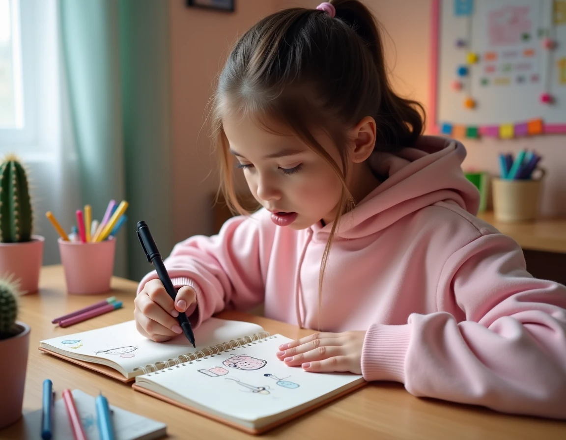Adolescente dessinant des personnages kawaii en pixel art sur un cahier à petits carreaux avec des stylos colorés