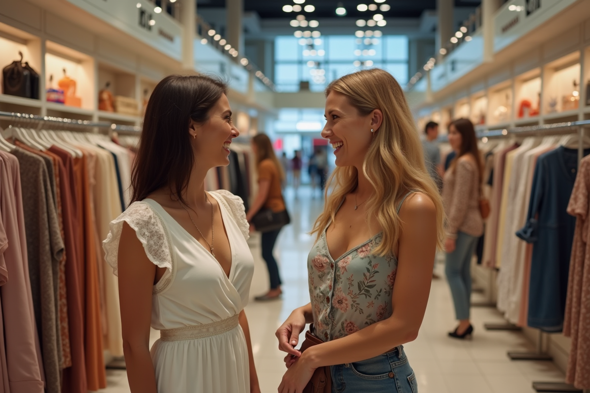 Deux femmes riant en comparant des vêtements en magasin