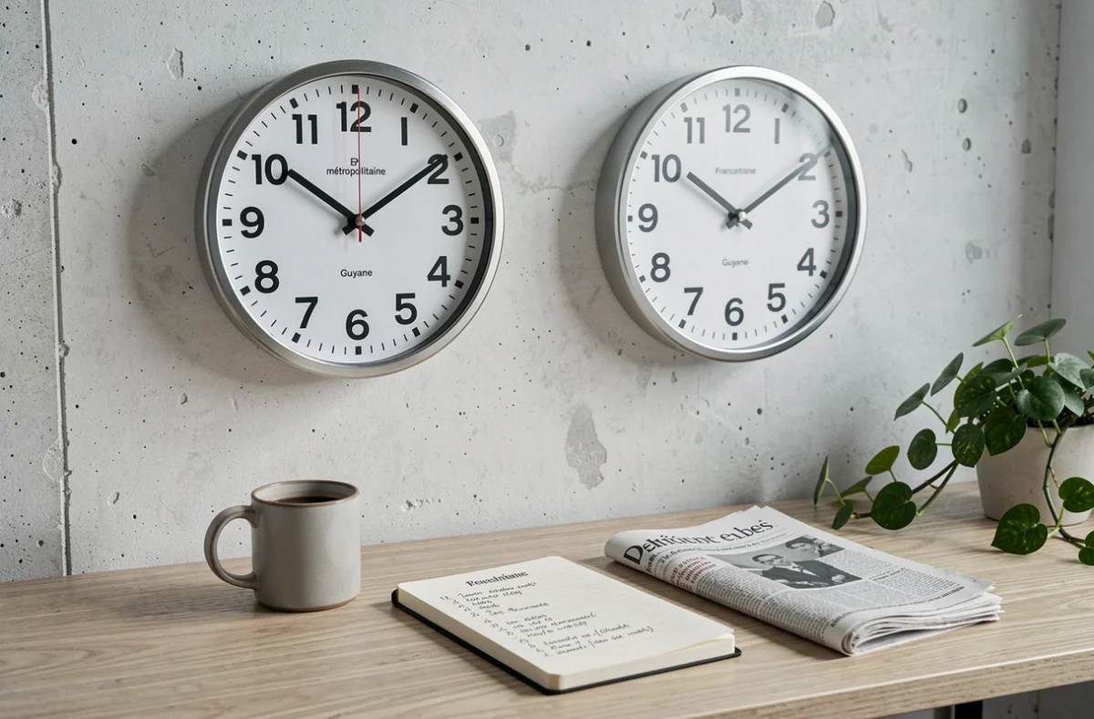Deux horloges murales indiquant l'heure en France métropolitaine et en Guyane française pour illustrer le décalage horaire