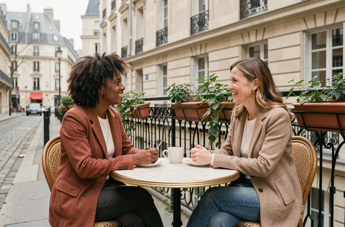 Deux femmes de cultures française et algérienne en conversation animée à une terrasse de café parisien évoquant le dialogue interculturel et les identités culturelles mixtes