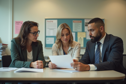 Une femme d'âge moyen et un jeune homme discutent avec un agent dans un bureau logement