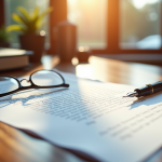 Document juridique ouvert sur un bureau en bois avec stylo et lunettes