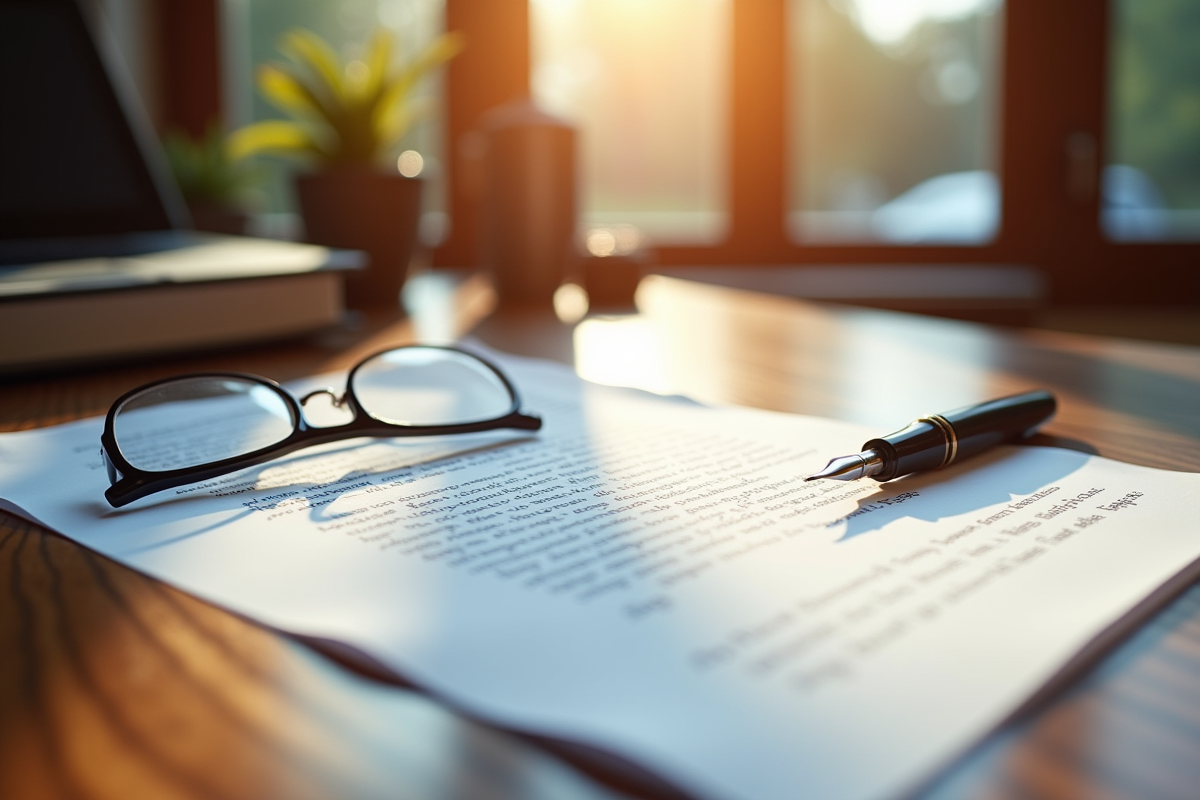 Document juridique ouvert sur un bureau en bois avec stylo et lunettes