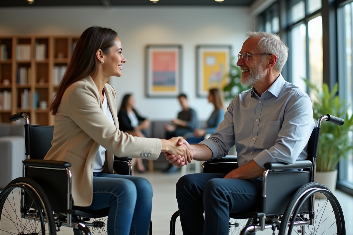 Jeune femme en fauteuil et senior serrant la main dans un espace de travail
