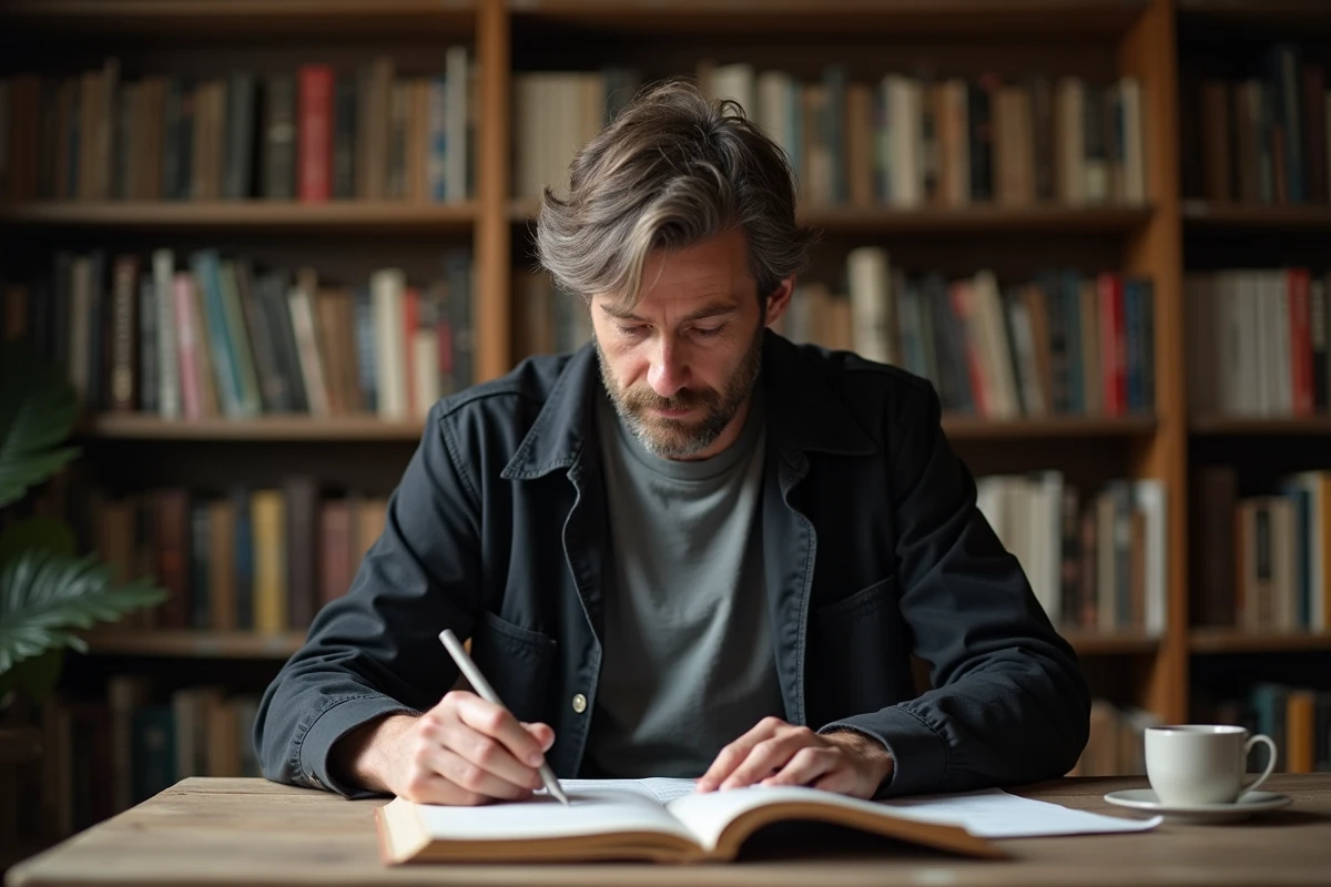 Homme pensif assis à une table en bois dans un appartement chargé