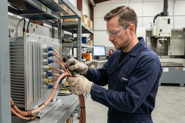 Électricien industriel connectant un transformateur triphasé monophasé pour alimentation machine CNC en atelier