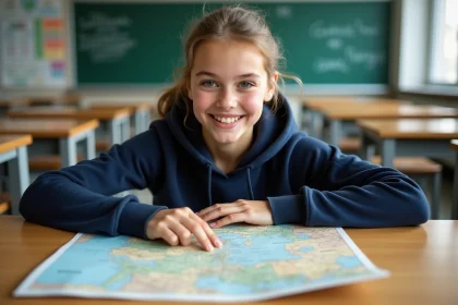 Élève de collège qui étudie une carte géographique de l'Allemagne posée sur un bureau scolaire en bois