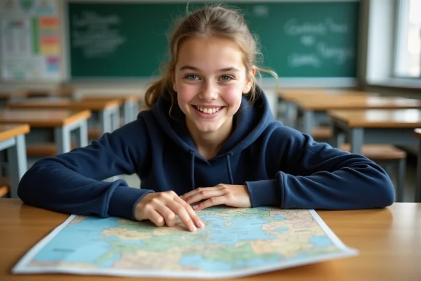 Élève de collège qui étudie une carte géographique de l'Allemagne posée sur un bureau scolaire en bois