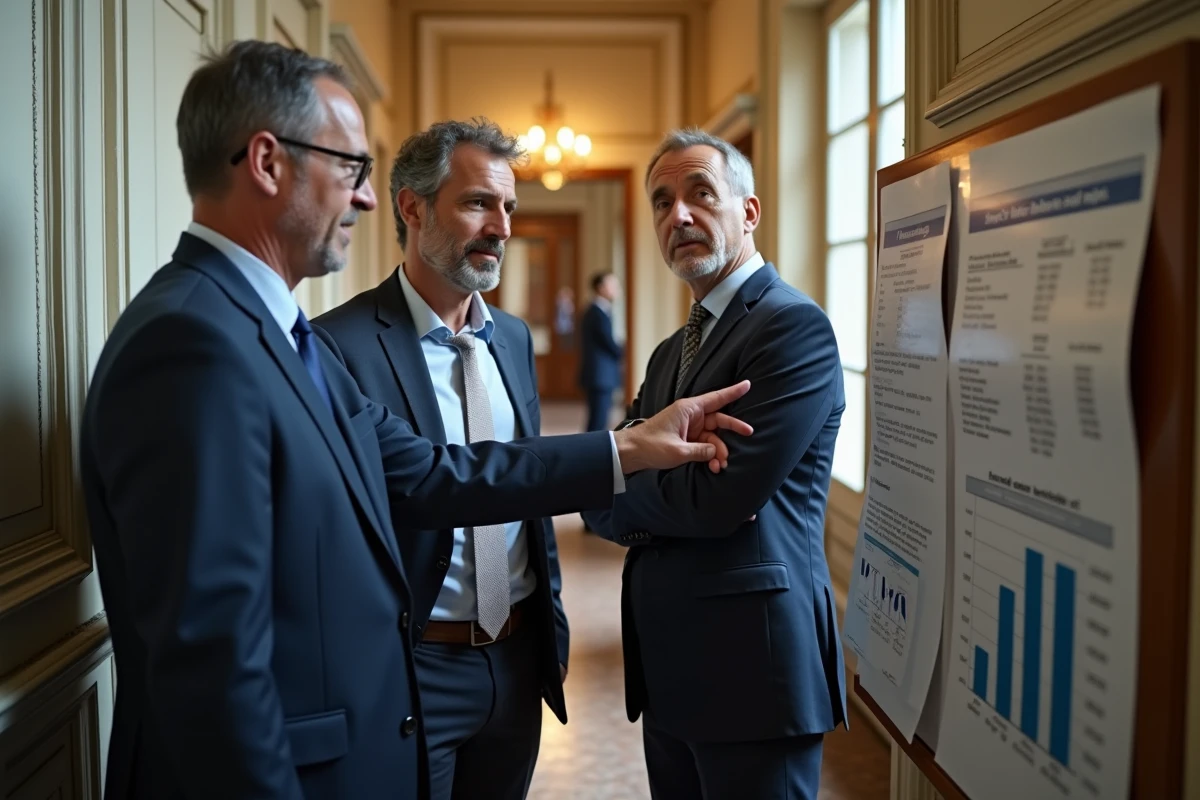 Élus municipaux analysant les grilles de rémunération des maires et adjoints en couloir de mairie