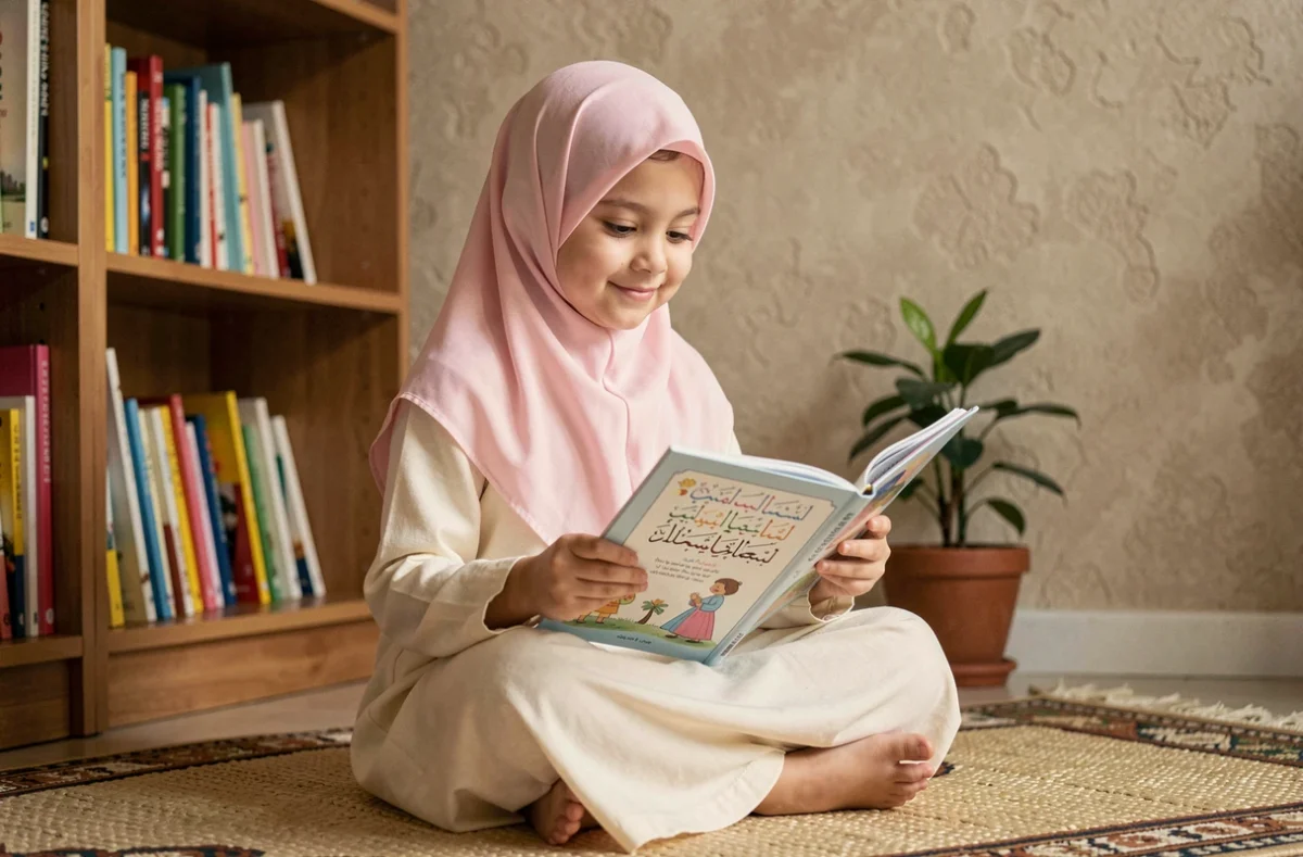 Jeune fille musulmane lisant un livre illustré de la Sourate Al Kahf en français sur un tapis de prière dans un coin lecture cosy