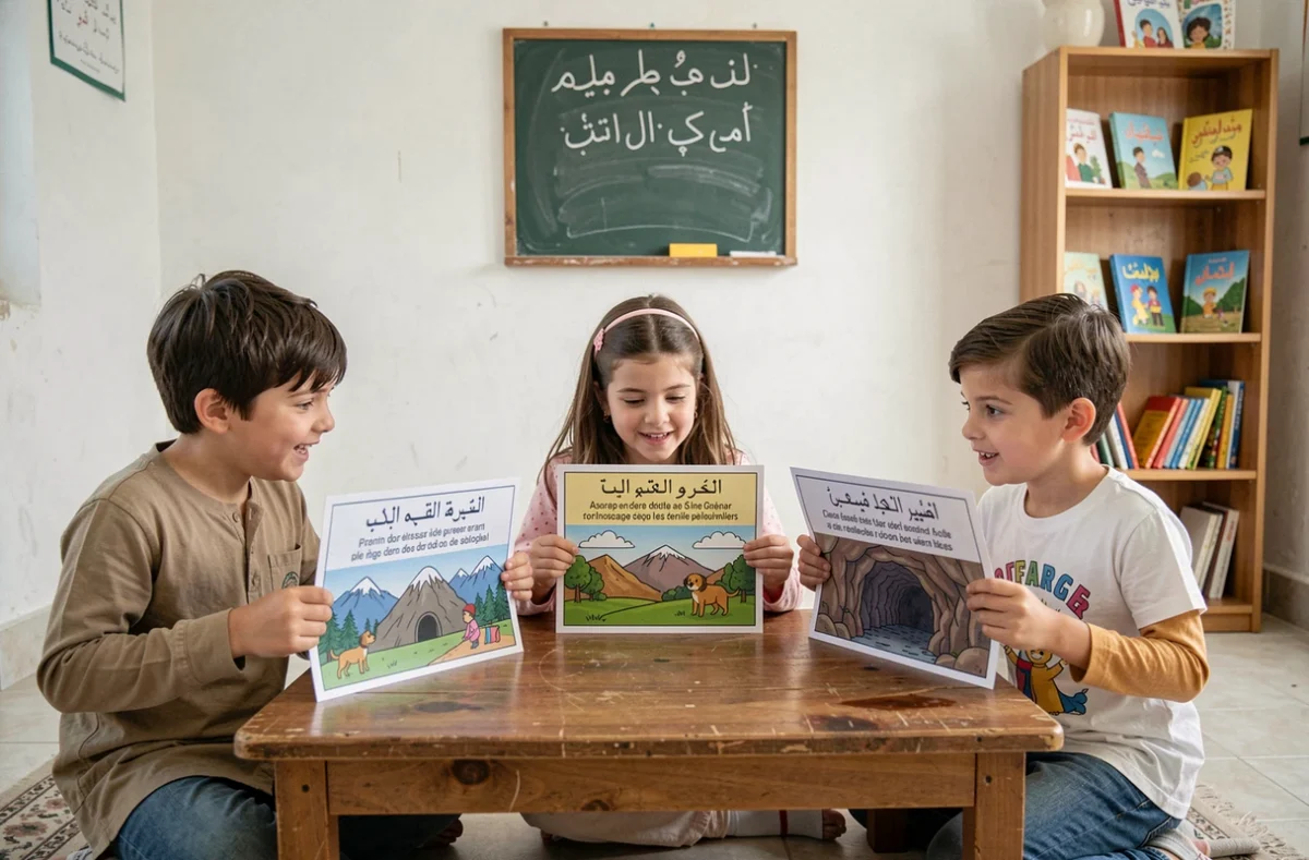 Groupe d'enfants découvrant la version illustrée et racontée de la Sourate Al Kahf en français dans une salle de classe islamique