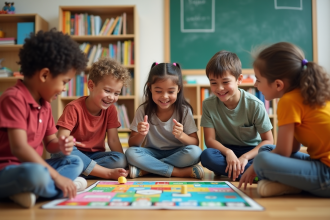 Groupe d'enfants d'école primaire jouant à un jeu éducatif en classe