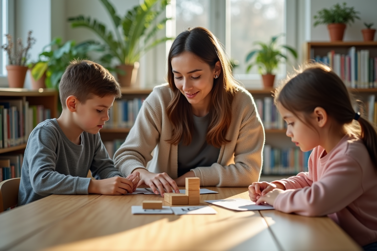 Jeune enseignante aidant des élèves à un jeu de mathématiques en bibliothèque