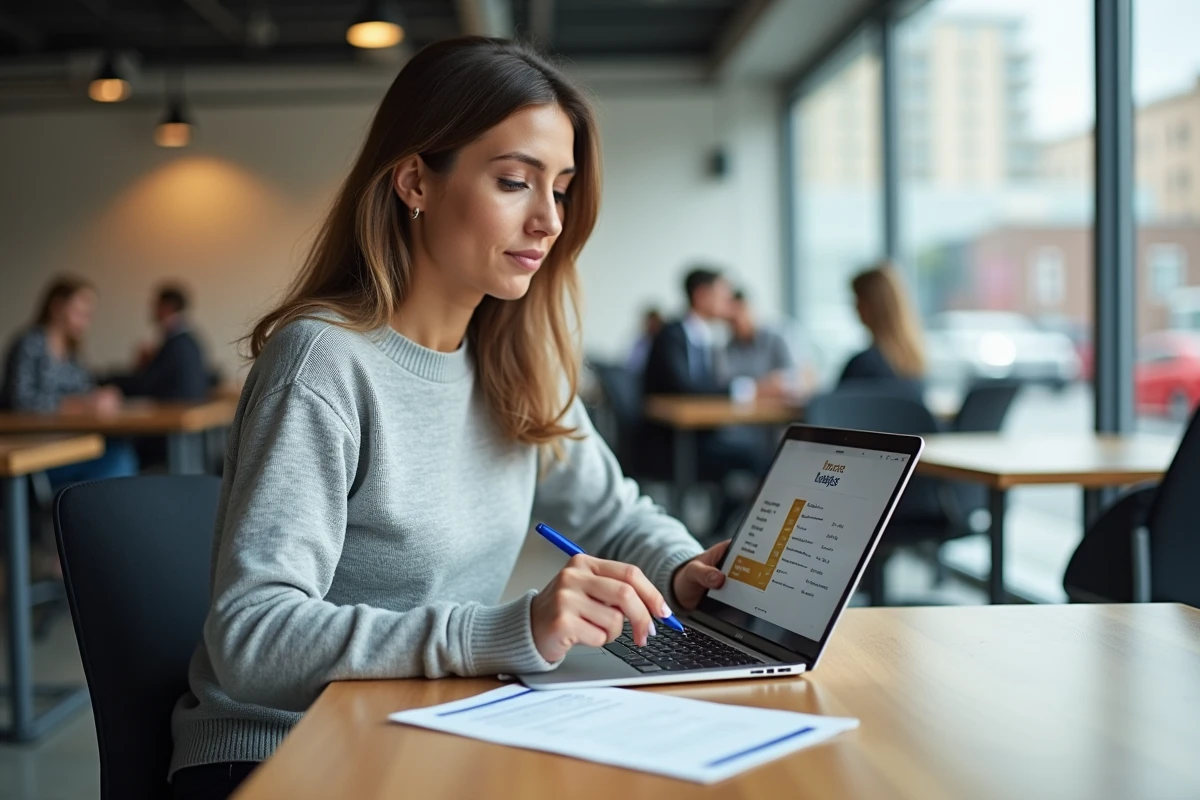 Entrepreneur comparant des offres d'assurance pro sur ordinateur dans un espace de coworking