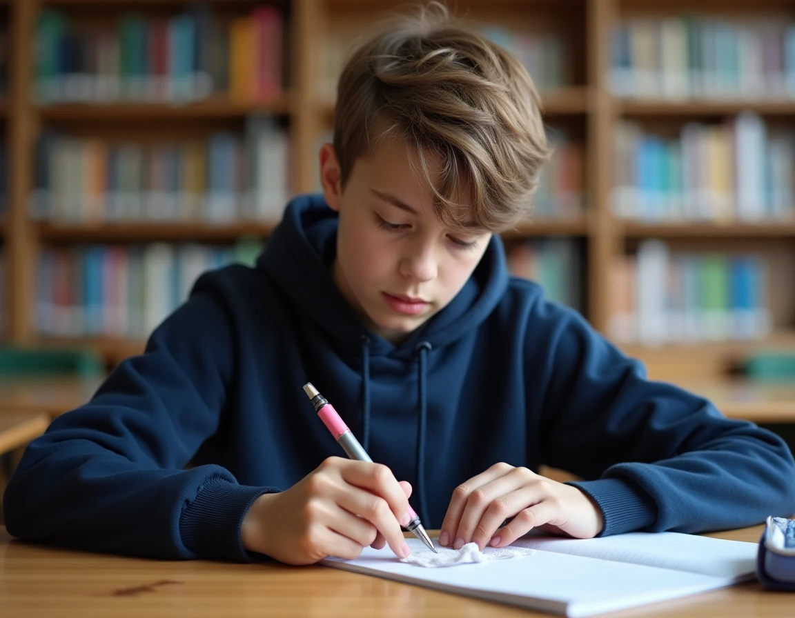 Adolescent entretenant son stylo 4 couleurs effaçable dans une bibliothèque scolaire