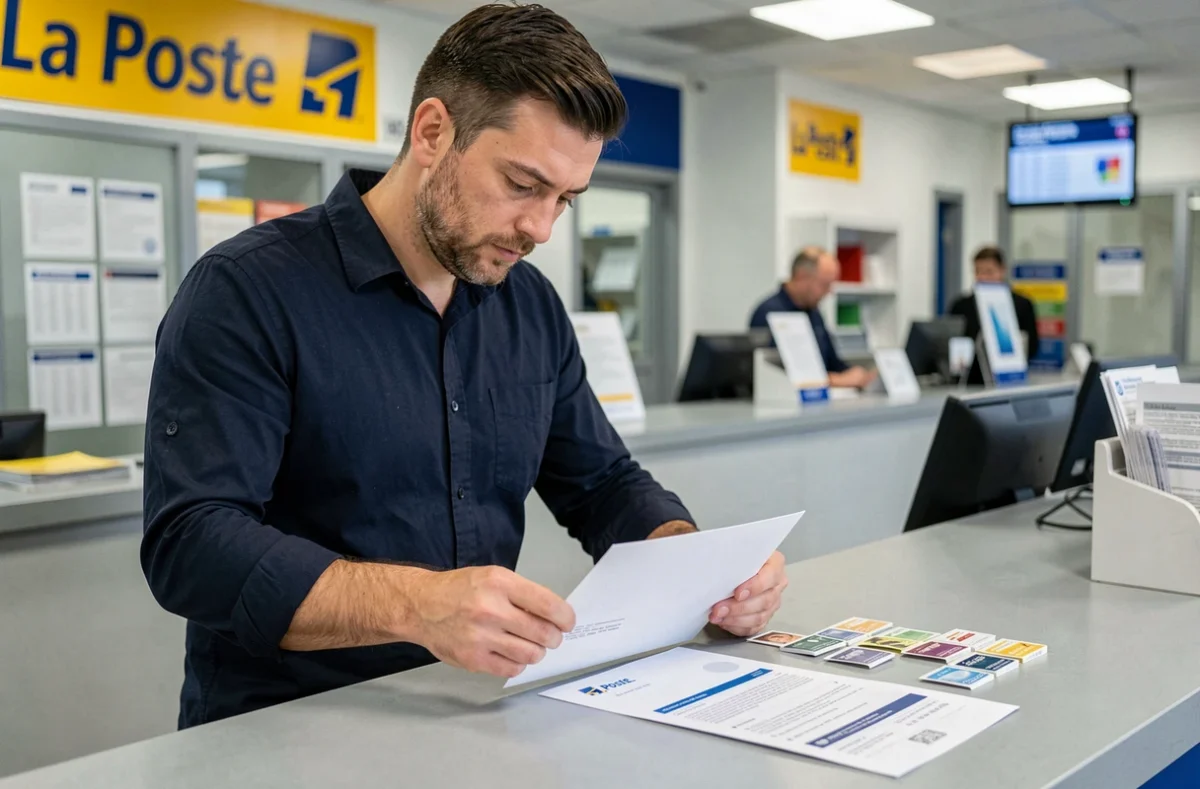 Homme déposant une enveloppe A4 adressée selon les standards postaux au guichet d'un bureau de La Poste en France