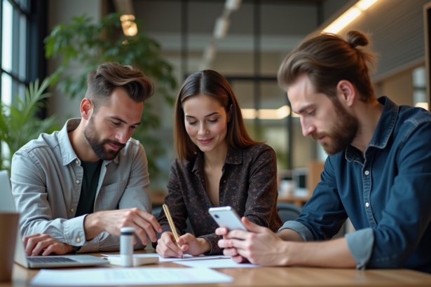 Equipe de jeunes professionnels collaborant sur prototypes innovants