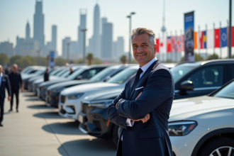 Homme d'affaires en costume navy devant voitures neuves