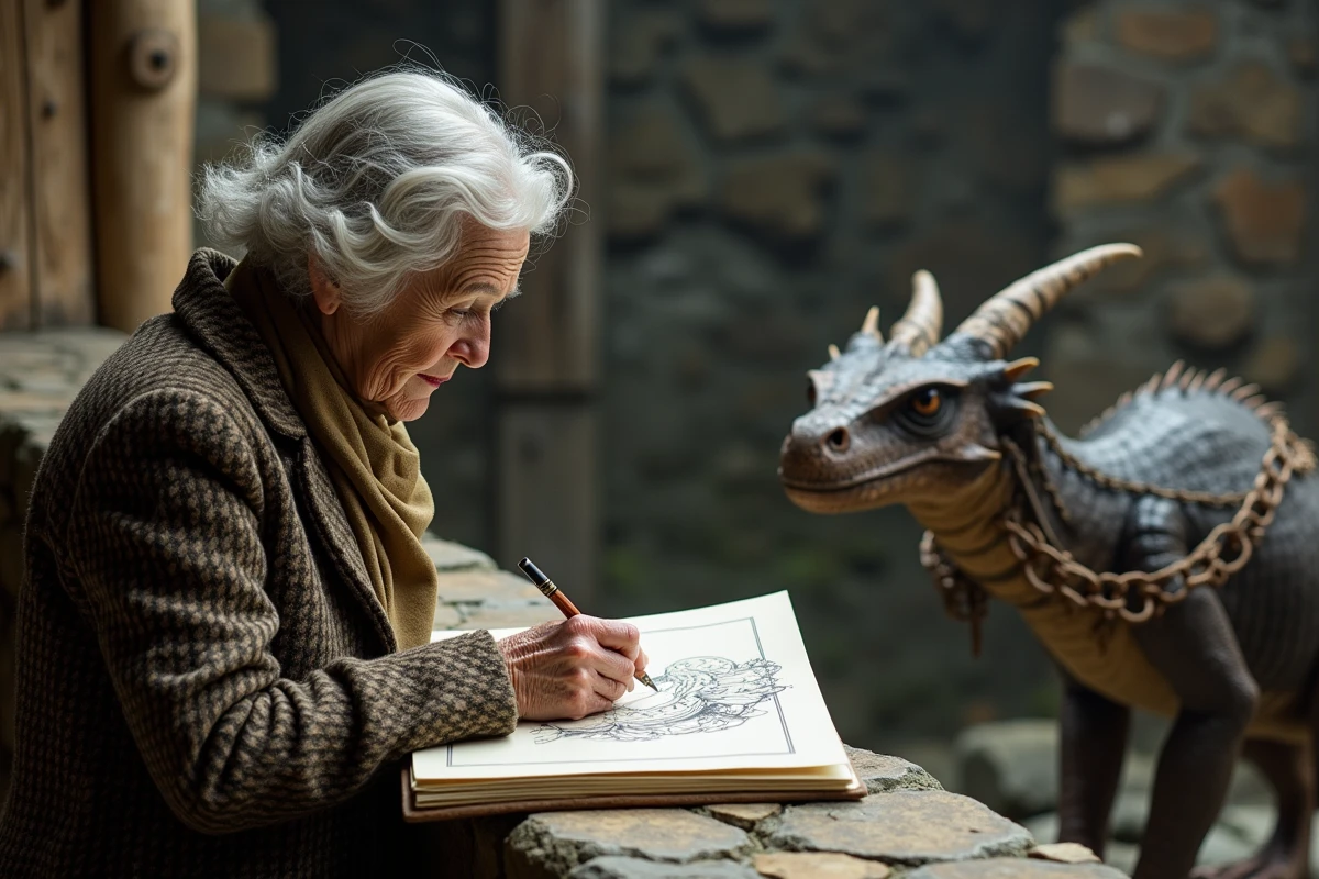 Femme experte en dragons dessinant un dragon enchaîne
