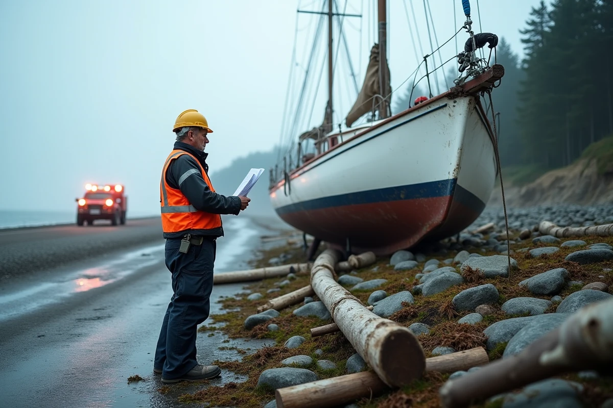 Expert en sauvetage maritime examine un bateau échoué sur la côte