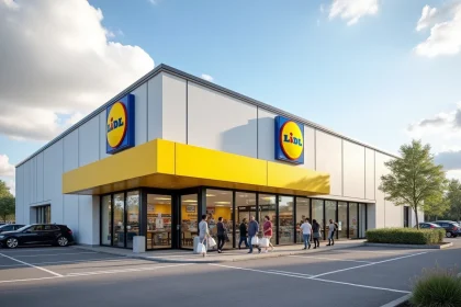 Façade rénovée d'un magasin Lidl en 2026 avec nouvelle signalétique et architecture modernisée