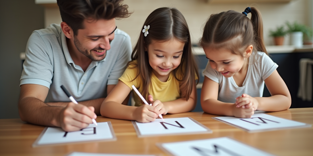 Famille écrivant noms de bébé avec M à la maison