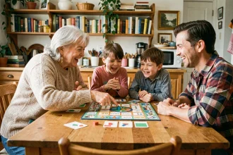 Famille multigénérationnelle jouant à un jeu de mots autour d'une table en bois avec des cartes et des jetons, ambiance chaleureuse et conviviale