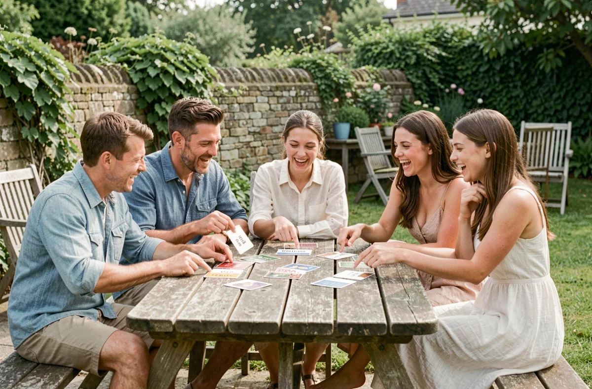 Famille jouant à un jeu de défis avec des cartes personnalisées sur une terrasse en bois dans un jardin verdoyant, ambiance estivale détendue