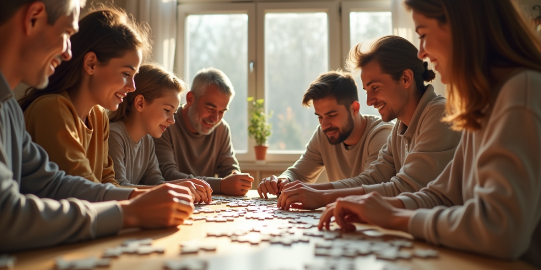 Famille multigenerational résolvant un puzzle lumineux