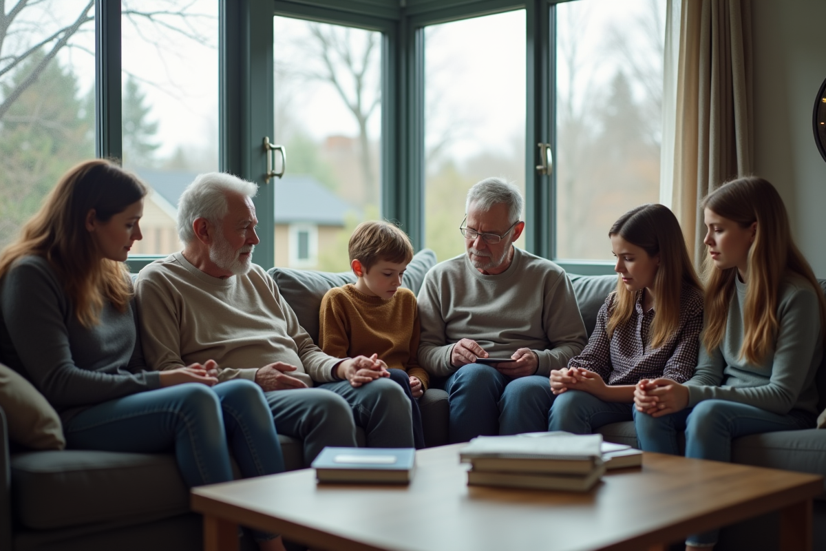 Famille multigeneration dans un salon moderne et naturel