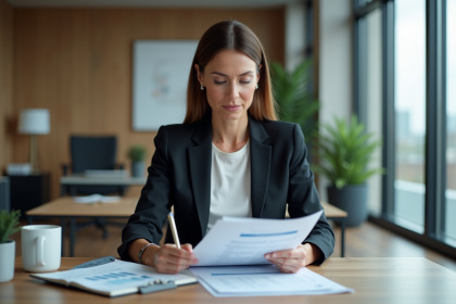 Femme d affaires examine un rapport immobilier dans un bureau moderne