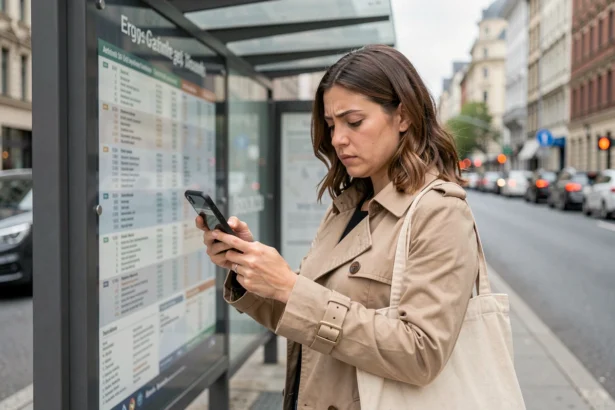 Femme consultant l'appli bus en temps réel à un arrêt de bus en ville