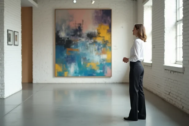Femme confiante observant une peinture abstraite dans une galerie